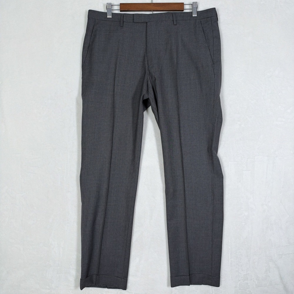 Hugo Boss Mens Grey 100% Virgin Wool Micro Check Cuffed Dress Pants 36R IT 52